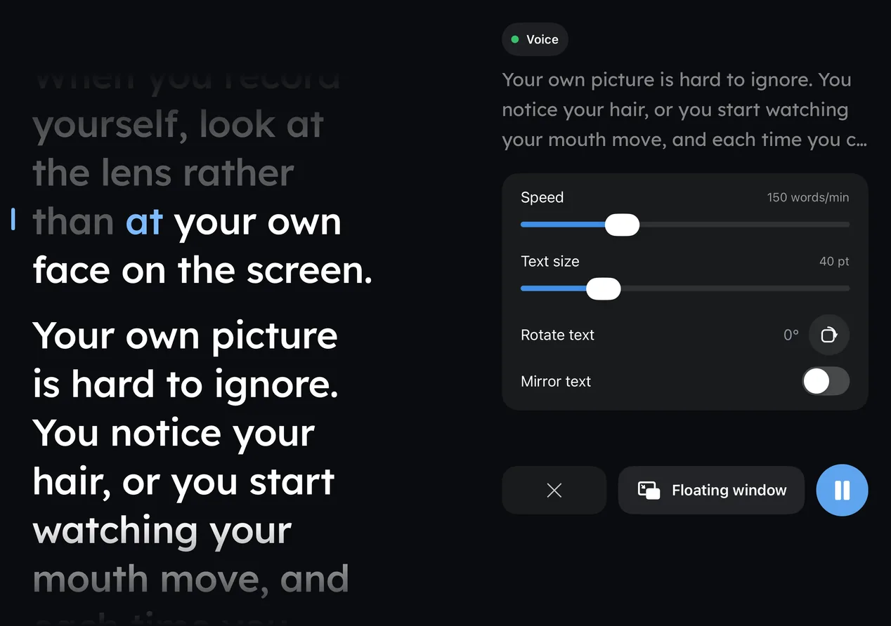 Wispim on iPhone Duo folded like a book during a take, with the script on the left and the controls on the right