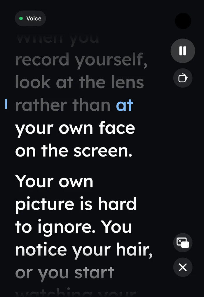 Wispim on the closed iPhone Duo during a take, with the controls in a rail at the right edge