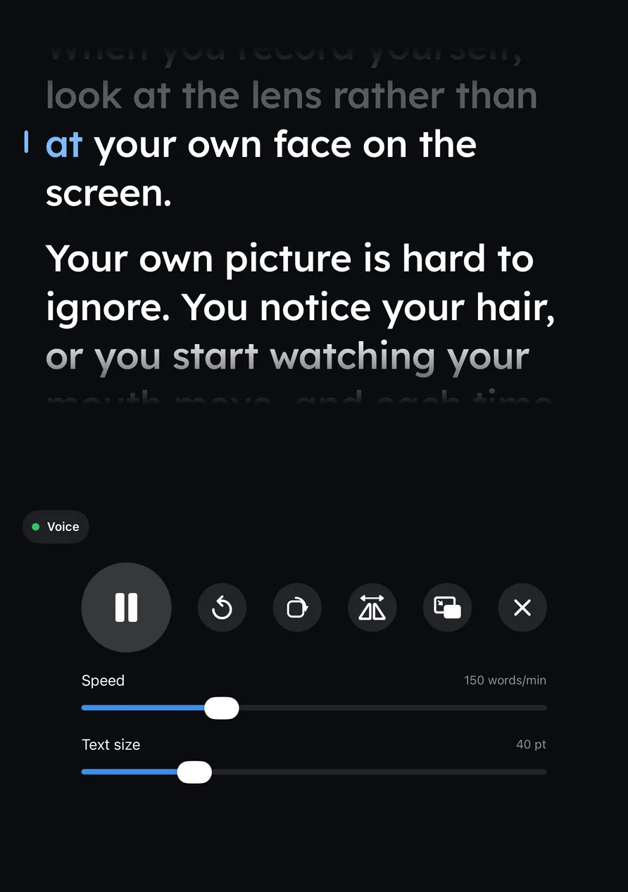 Wispim on iPhone Duo folded like a laptop during a take, with the script above the fold and the controls below it