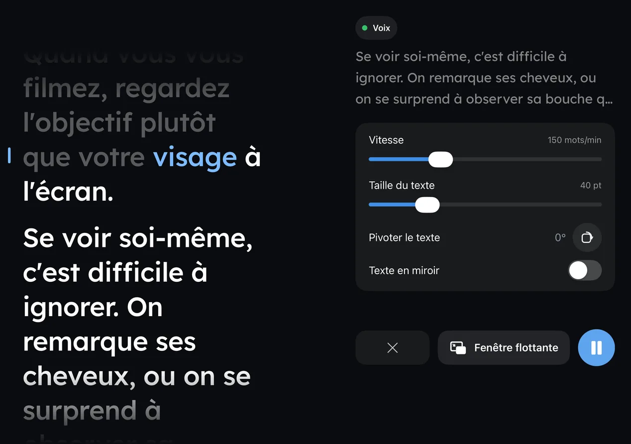 Wispim sur un iPhone Duo plié comme un livre pendant une prise, avec le texte à gauche et les commandes à droite