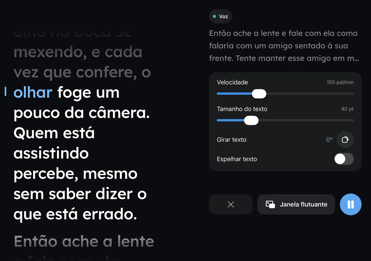O Wispim no iPhone Duo dobrado como um livro durante um take, com o roteiro à esquerda e os controles à direita