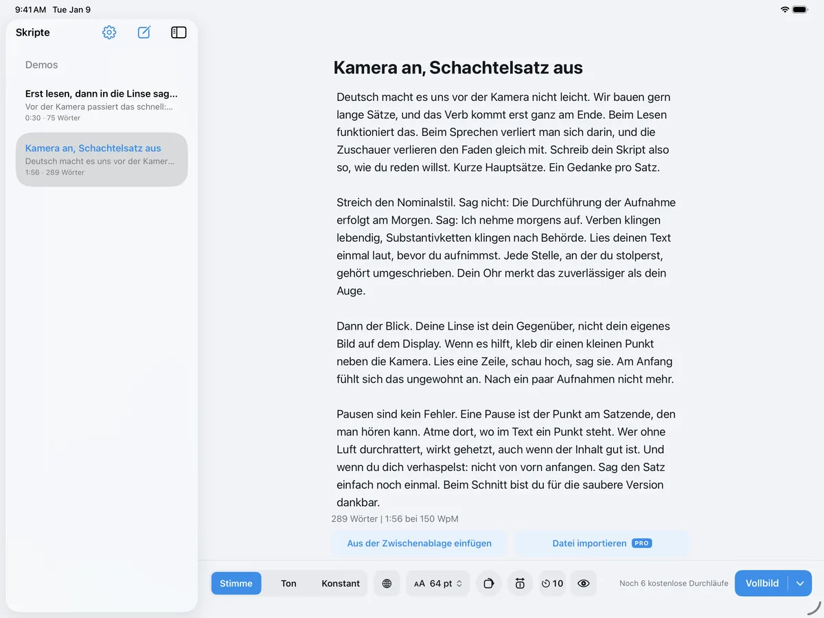 Der Bildschirm vor dem Start in Wispim auf einem iPad, mit der Skriptbibliothek in einer Seitenleiste und der Textgröße bei 64 pt
