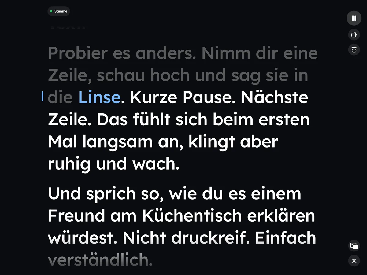 Wispim auf einem iPad während eines Takes, das gerade gelesene Wort ist blau