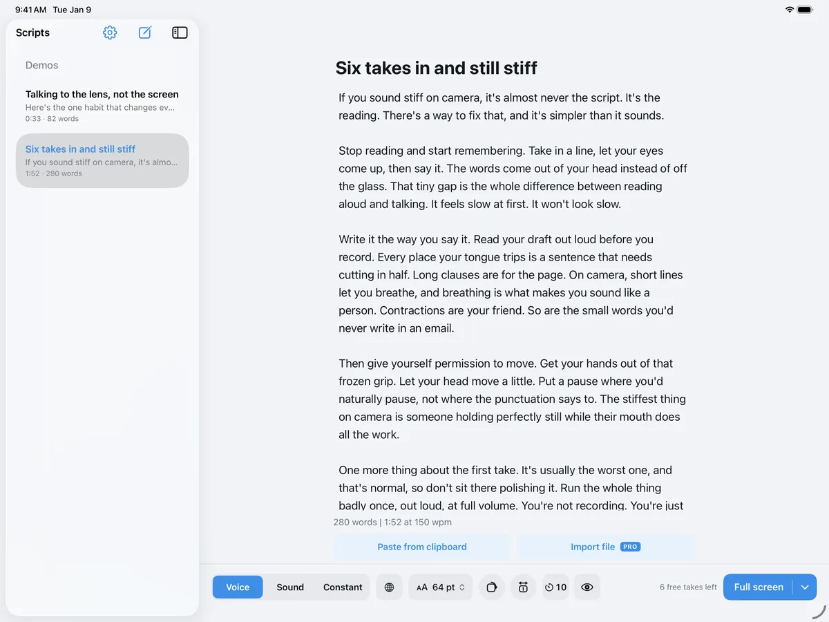 The Wispim Start screen on an iPad, with the script library in a sidebar and the text size at 64 pt