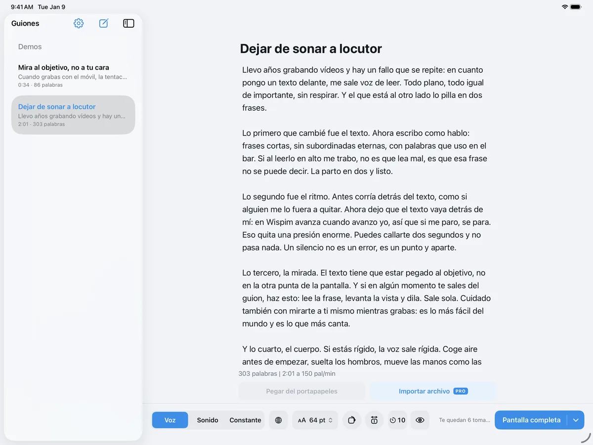 La pantalla previa a la toma de Wispim en un iPad, con la biblioteca de guiones en una barra lateral y el tamaño del texto en 64 pt