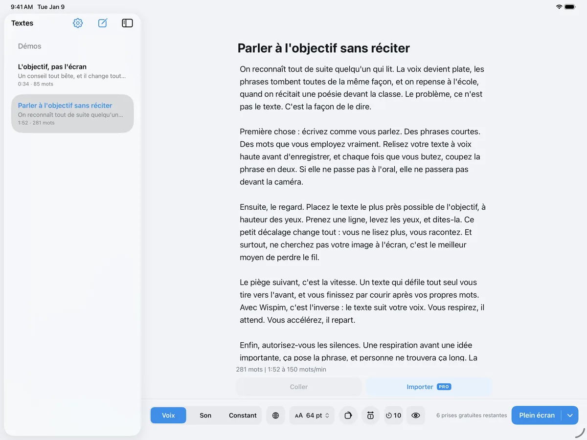 L’écran de préparation de Wispim sur un iPad, avec la bibliothèque de textes dans une barre latérale et la taille du texte à 64 pt