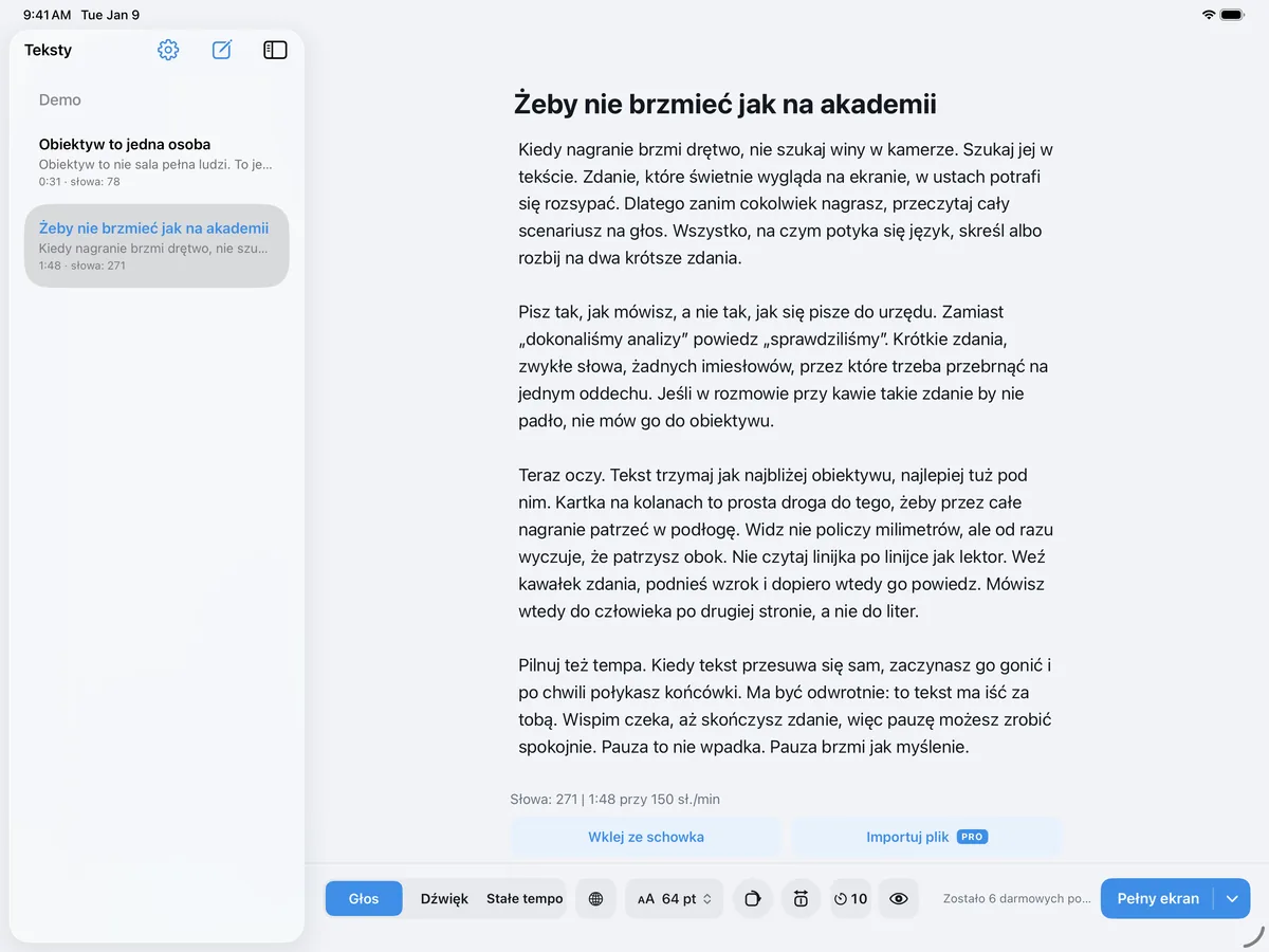 Ekran przed startem Wispim na iPadzie, z biblioteką tekstów na pasku bocznym i rozmiarem tekstu 64 pt