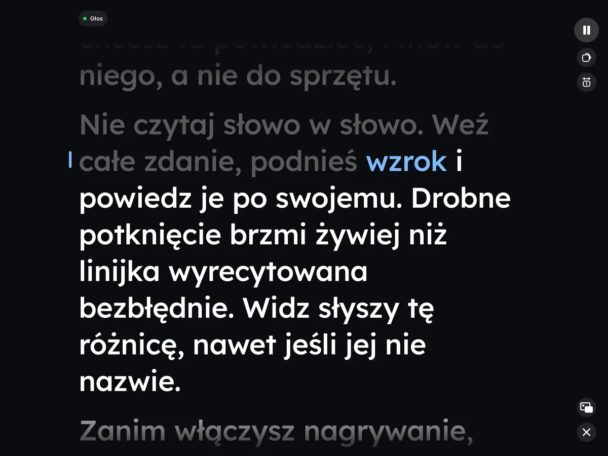 Wispim na iPadzie podczas czytania, z czytanym słowem na niebiesko