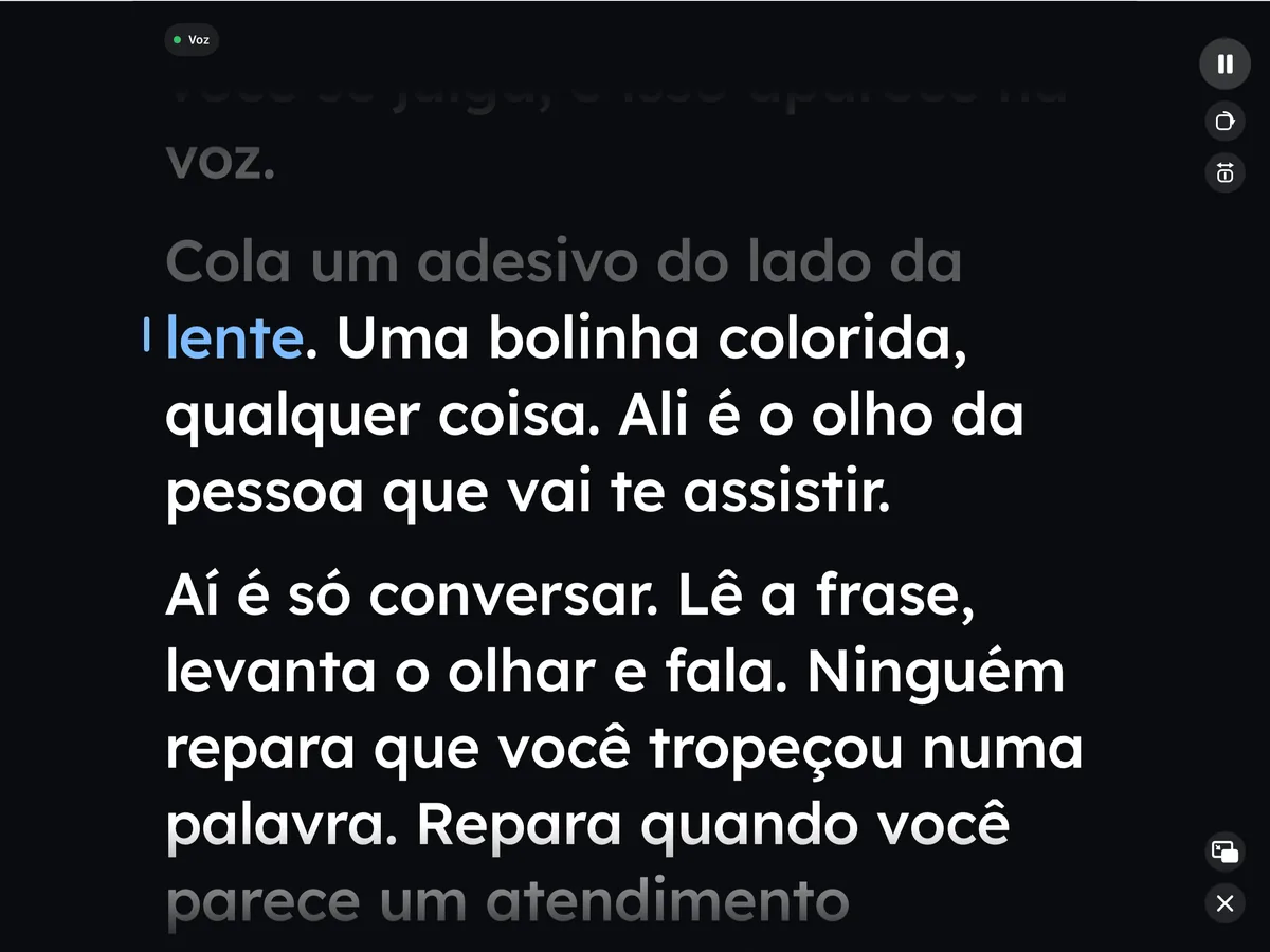 O Wispim no iPad durante um take, com a palavra que está sendo lida em azul