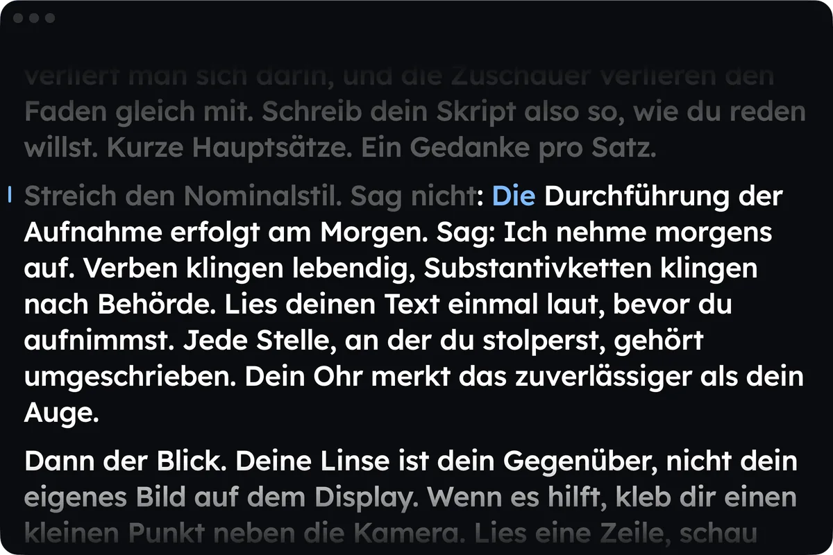 Das Wispim-Fenster auf einem Mac während eines Takes, das gerade gelesene Wort ist blau