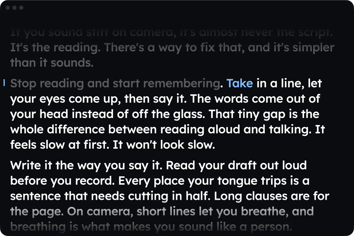 The Wispim window on a Mac during a take, with the word being read in blue