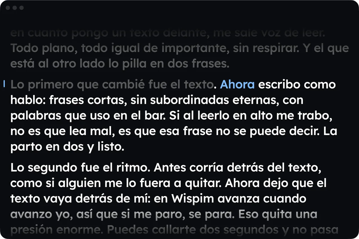 La ventana de Wispim en un Mac durante una toma, con la palabra que se lee en azul
