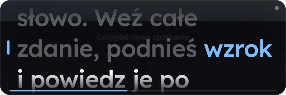 Pływające okno Wispim podczas czytania, z czytanym słowem na niebiesko