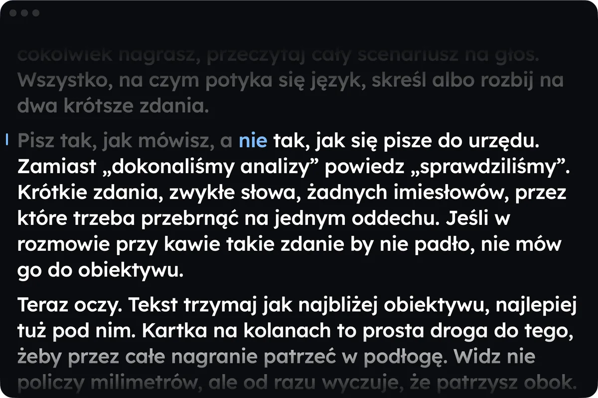 Okno Wispim na Macu podczas czytania, z czytanym słowem na niebiesko