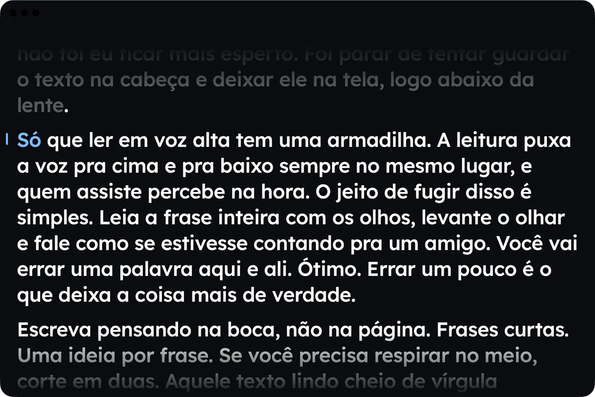 A janela do Wispim no Mac durante um take, com a palavra que está sendo lida em azul